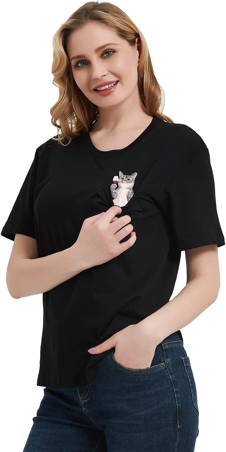 Mens Pocket Cat T Shirt Funny Printed Peeking Pet Kitten Animal Tee for Guys Gift