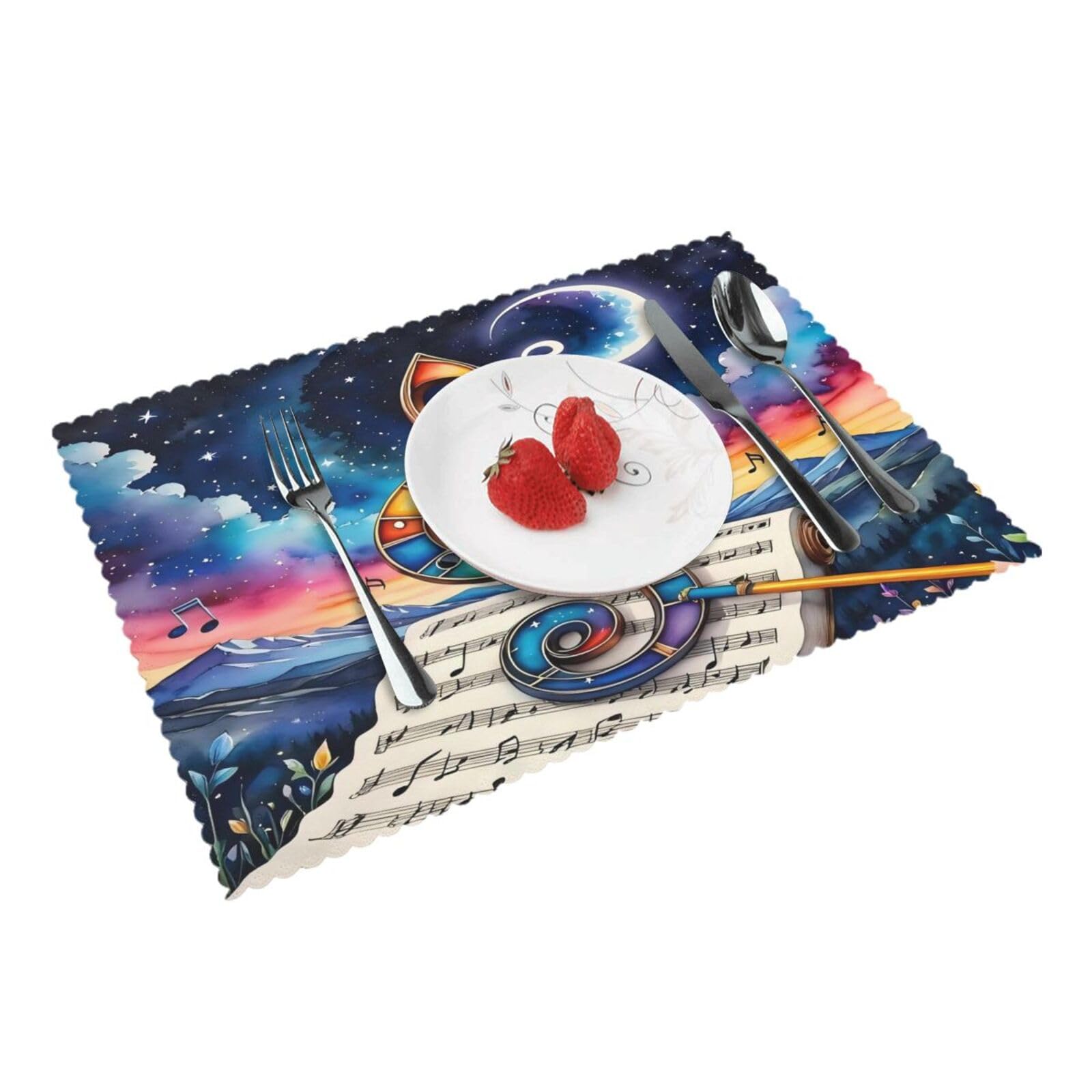 Colorful Music Notes Starry Sky Moon Placemats Set of 4 Print Table Mats Place Mats Table Decor for Kitchen Dining 12X18 in