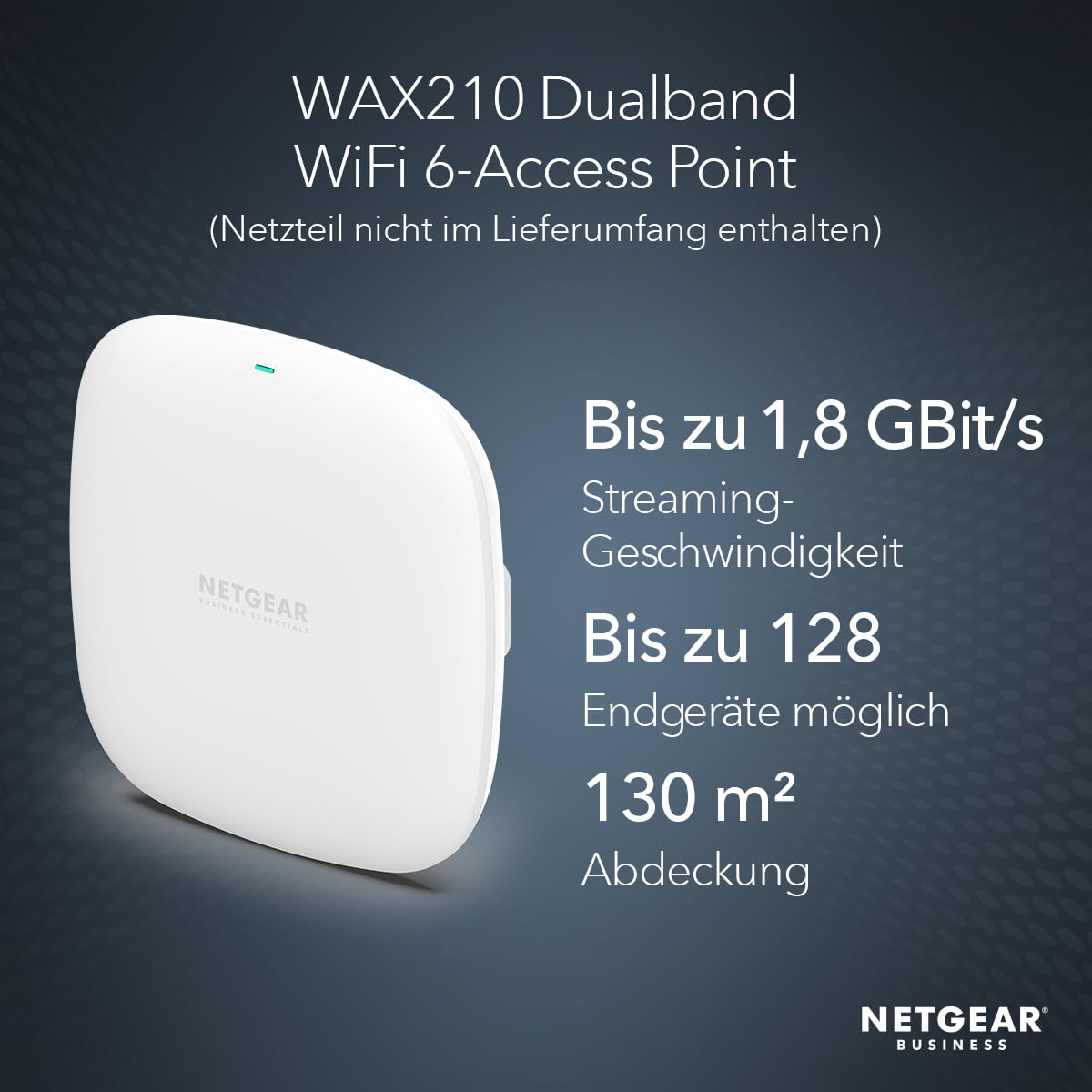 NETGEAR Wireless Access Point (WAX210) – WiFi 6-Dualband mit AX1800-Geschwindigkeit | 1 x 1G-PoE-Netzwerkanschluss | Bis zu 128 Geräte | 802.11ax | WPA3 | Bis zu 4 SSID-Netzwerke, ohne Netzteil