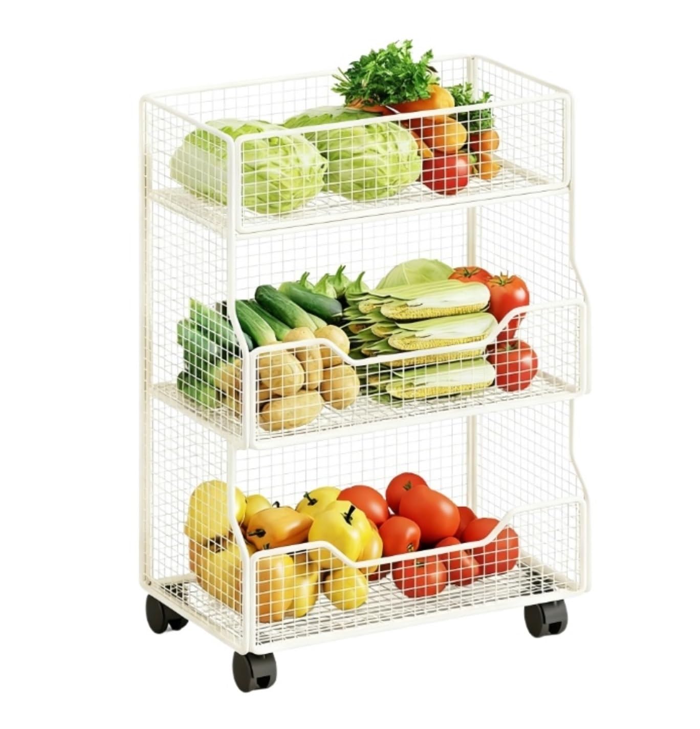 Carrito de cocina rodante de 3 niveles para frutas y veterinarios, despensa blanca con cestas le postre para una cocina eficiente