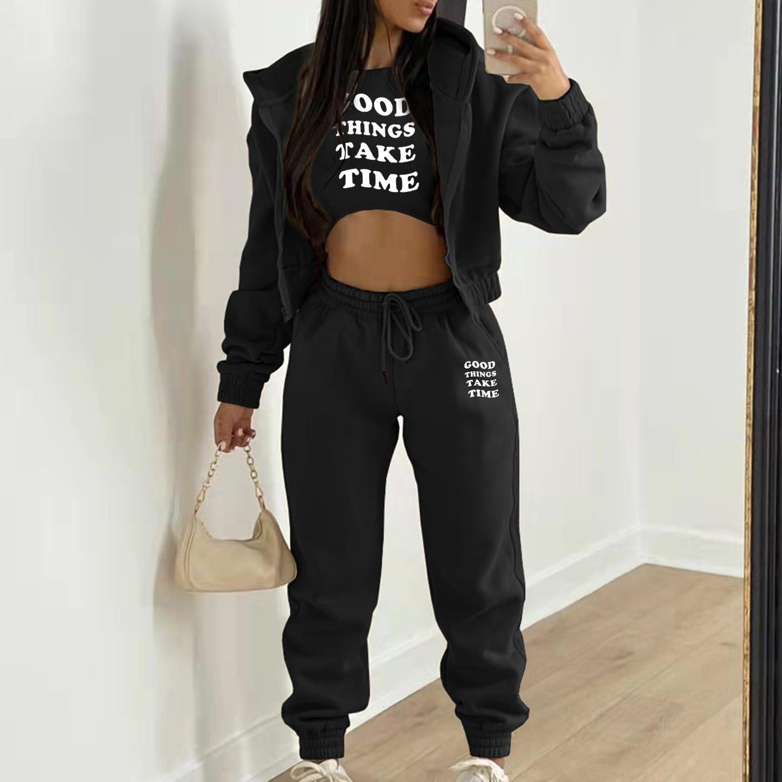 Lässiger Damen-Trainingsanzug für Winter, Oberteil, Weste, Hose, modische Drucke, Reißverschluss, Kapuzen-Sweatshirt, Hose, lässiges dreiteiliges Set