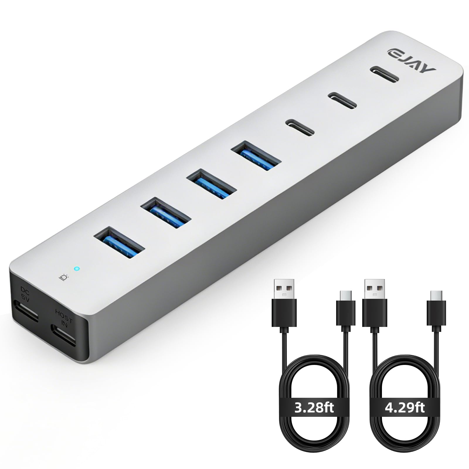 EJAY Hub USB 3.0 à 7 ports avec 4 USB-A et 3 USB-C, répartiteur USB en aluminium pour ordinateur portable/de bureau/PS5, câble amovible de 1 m et 1,3 m, hub USB 5 Gbit/s pour clés USB, HDD, XPS