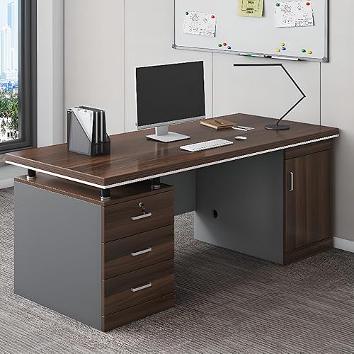 LITFAD Wood Office Computer Desk with Cabinet and Locking Drawer,