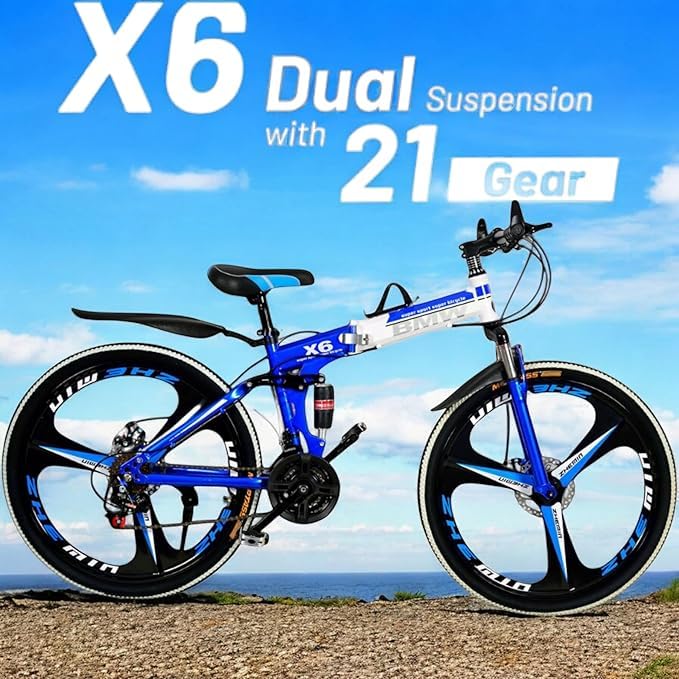 Image of Amaze Kai Dual Suspension Bikes Bmv Foldable Gear Cycle for Men with 21 Speed Gear 3 Spoke | Folding Mountain Bike with Double Disc Break & Mac Wheel, 26 Inch (Blue)