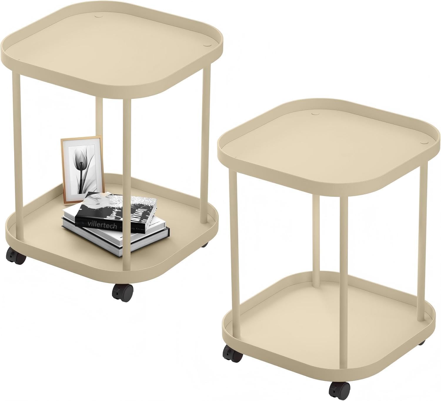 Side Table with Wheels, End Table Living Room Plastic Mobile Sofa Side Table Small Night Stand Bedroom Pink (2 Pack)