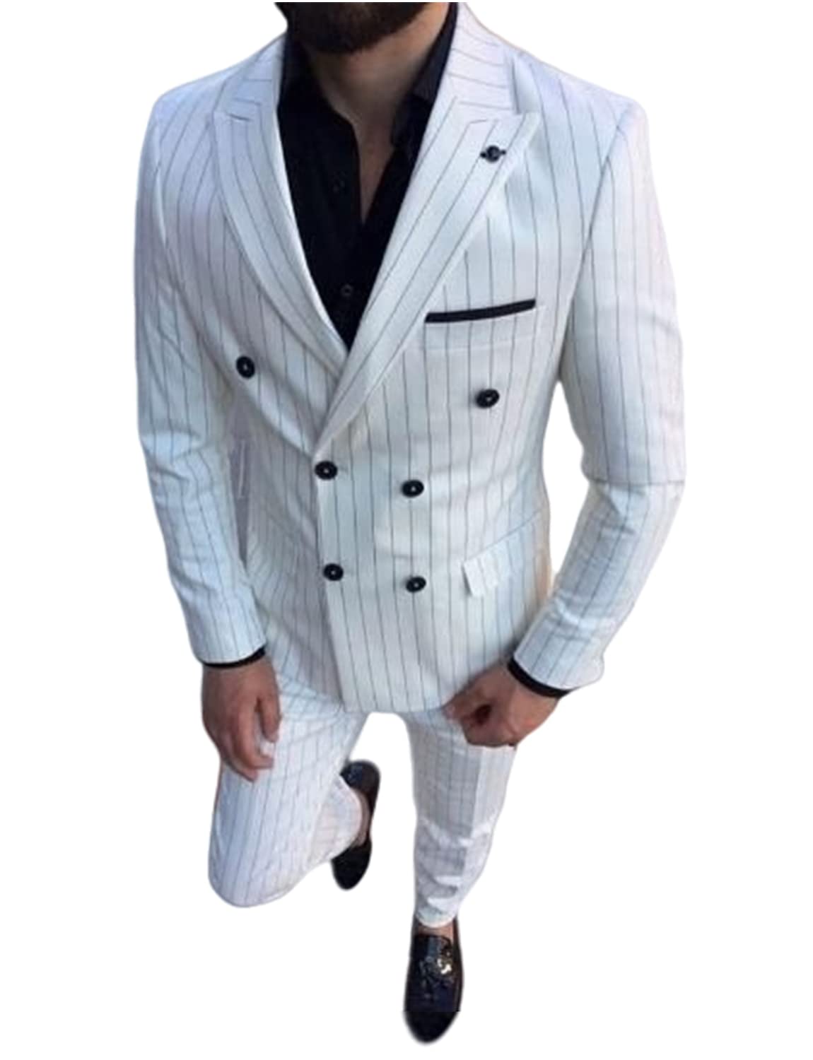 Uomo Stripe Due Pezzi Vestito Doppio Petto Bottoni Giacca Pantaloni per Casual Cena