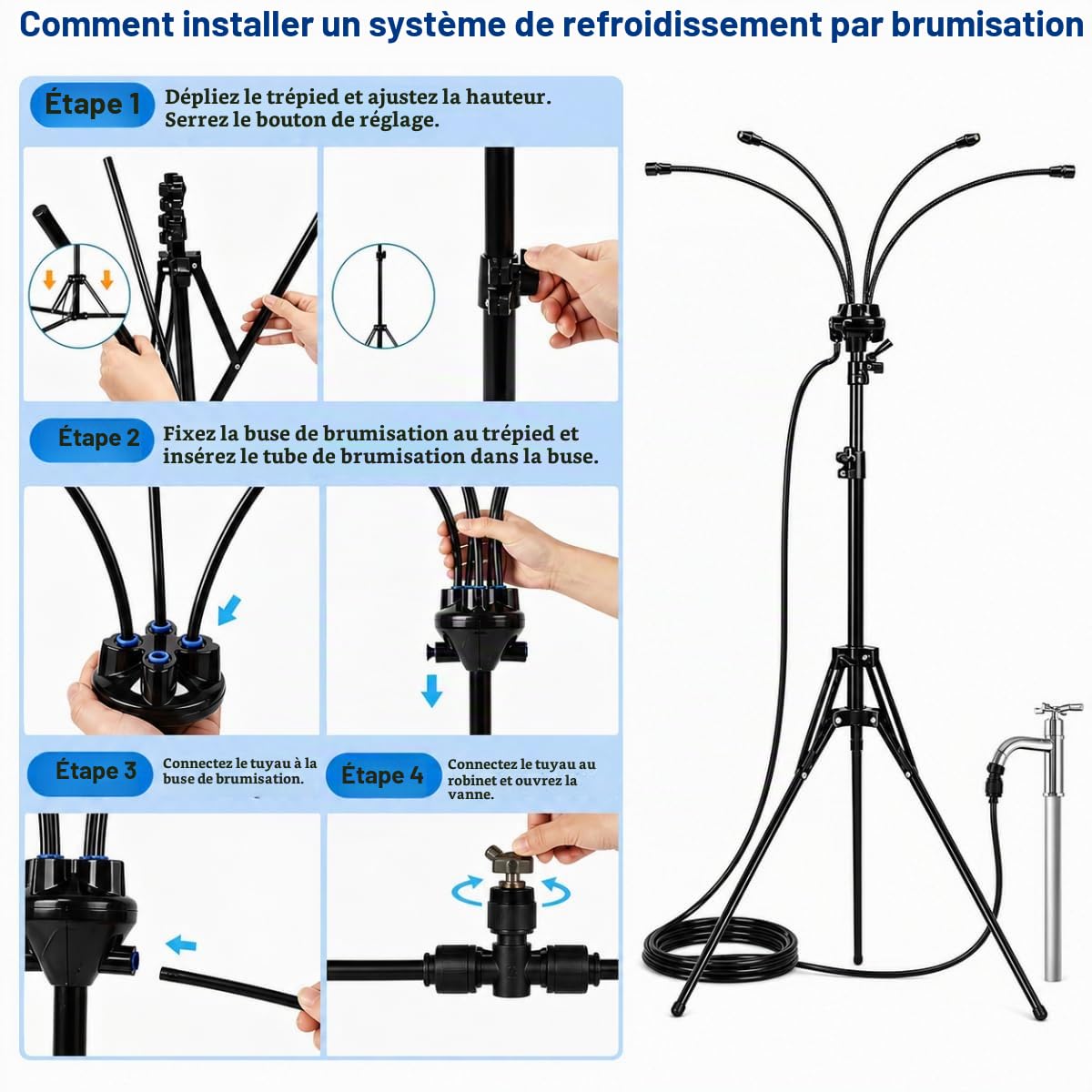 Brumisateur Terrasse,Système de brumisation extérieur réglable | Brumisateur sur Pied pour Terrasse, Jardin,Brumisateur Portable (Noir)