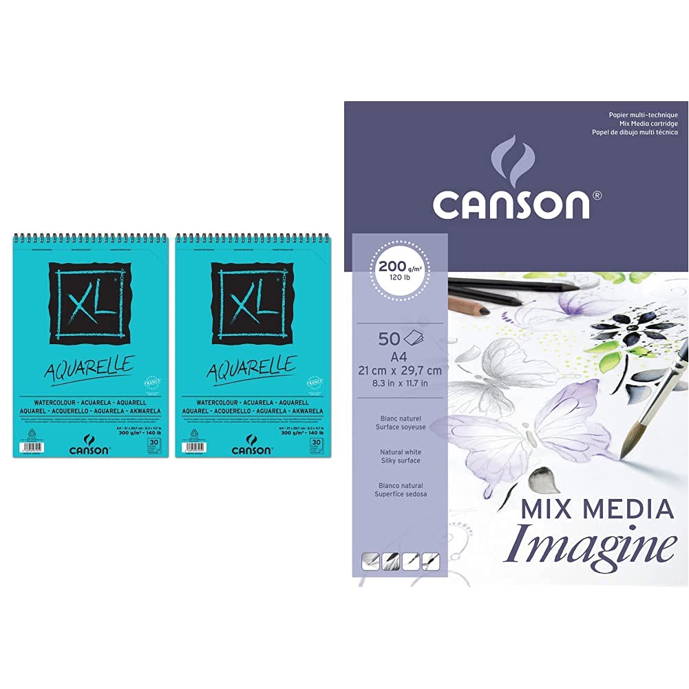 Canson XL Aquarelle Cuaderno de papel para dibujo, con espiral superior, 30 hojas, grano fino, 300 g, A4, color blanco – Lote de 2 + Bloc Encolado, A4, 50 Hojas, Imagine, Grano Fino 200g