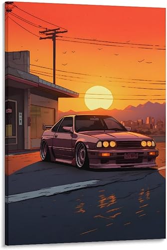 Arte de pared Puesta de sol y JDM - Póster japonés de coche deportivo para decoración de interiores, pintura de pared, póster de arte de pared,