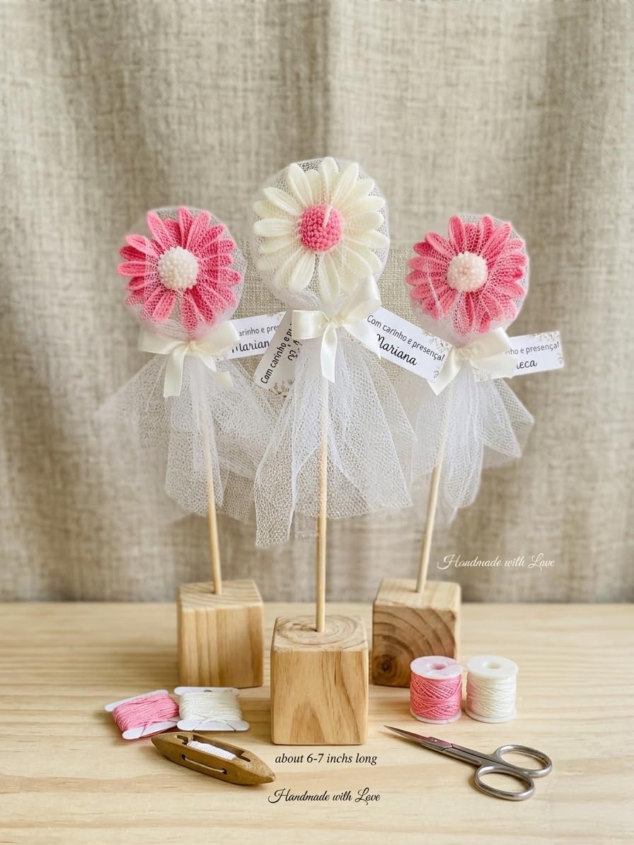 Handcrafted Flower Bouquet Scented Candle Set. Pack of 3 Pure Soy Wax Decorative Floral Stick Candles with Wooden Stands, Peony Aroma Premium Gift Box for Home Decor (Pink & White)-image-22