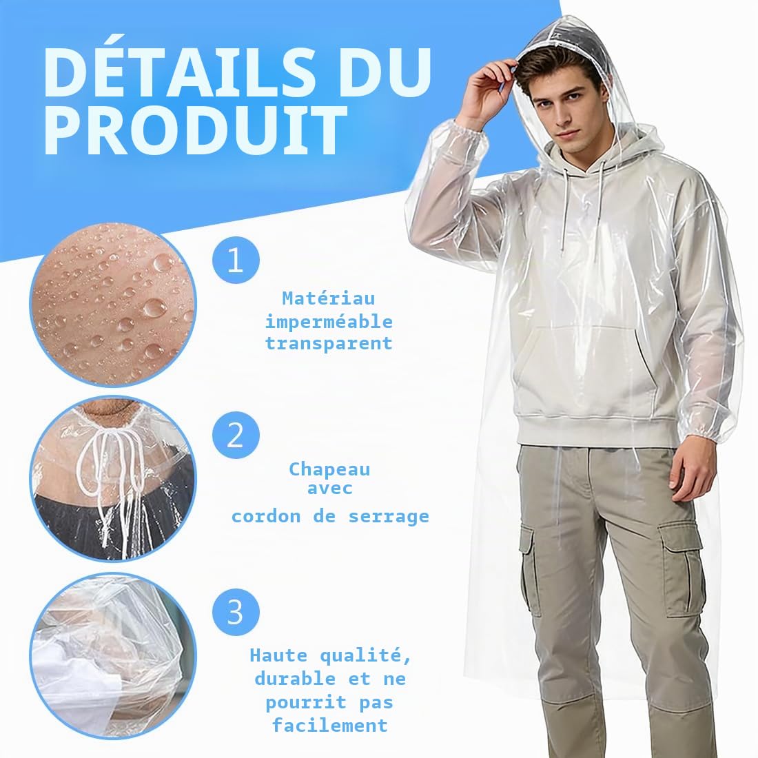 Lot de 2 Poncho Pluie Imperméable Jetable - Cape de Pluie Femme Homme - Poncho Transparent avec Capuche - Imperméable pour Festival Vélo Randonée - Pack de 2 - Édition Transparent