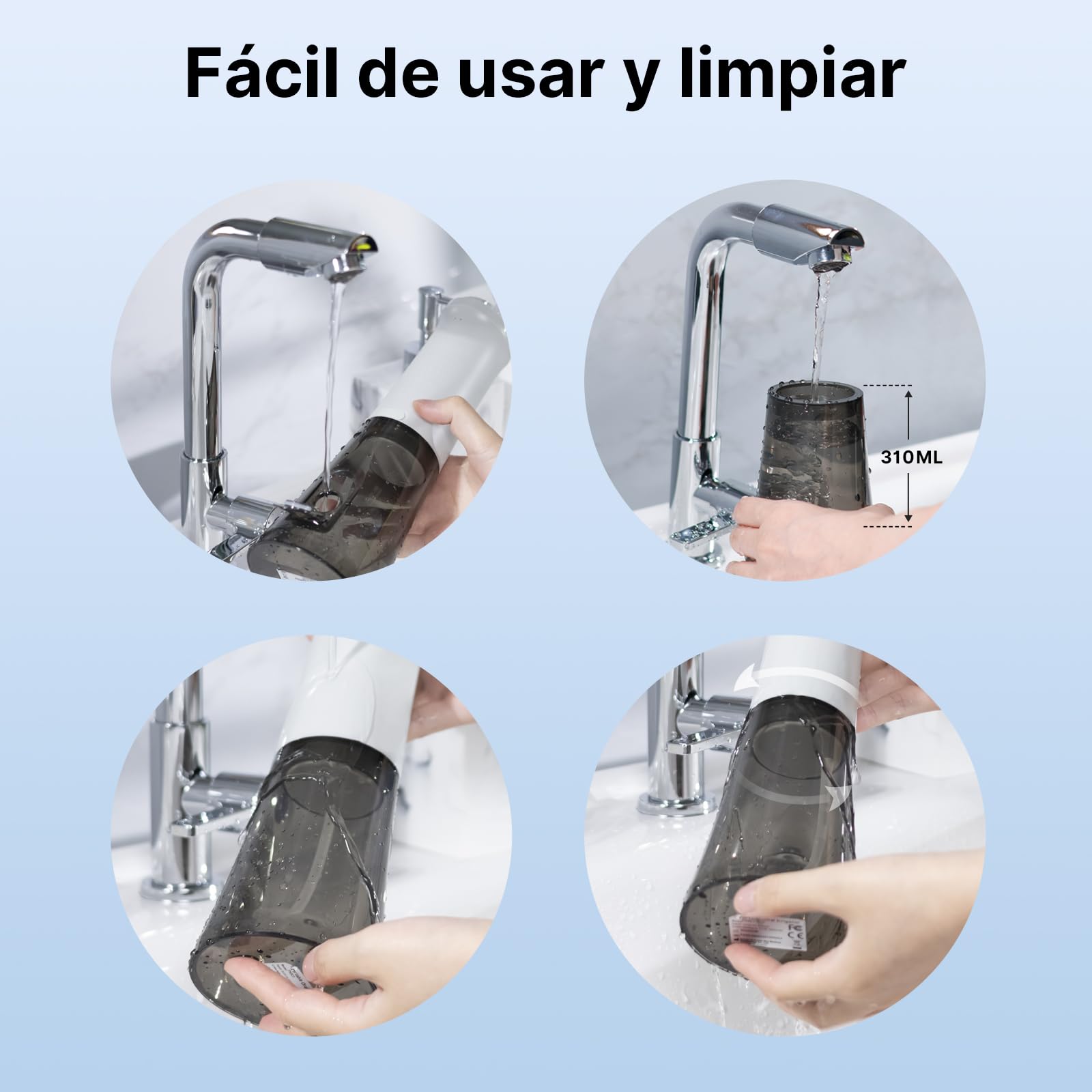 TUREWELL Irrigador Bucal Portatil de 310 ML con 5 Modos, 4 Boquillas, Irrigador Dental Recargable IPX7 Impermeable al Agua para el Hogar y Los Viajes, Mejora la Salud Dental