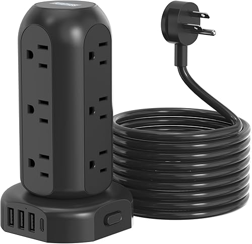 PD20W - Torre de regleta de protección contra sobretensiones, cable de extensión de 15 pies con múltiples tomas, 12 AC 4 USB (1 USB C), mini regleta