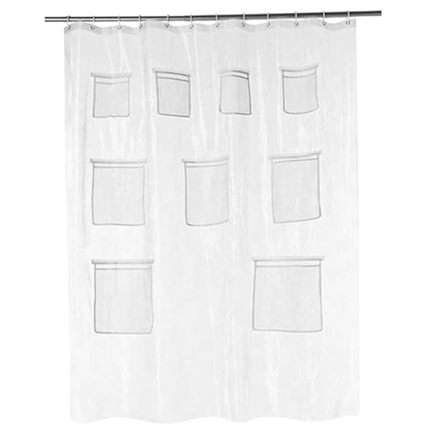 Xoeryoy Shower Curtain with 9 Mesh Pockets 71x71 PVC Clear Shower Curtain with Rust-Resistant Grommets and Hooks Waterproof Fabric Liner for Bathroom
