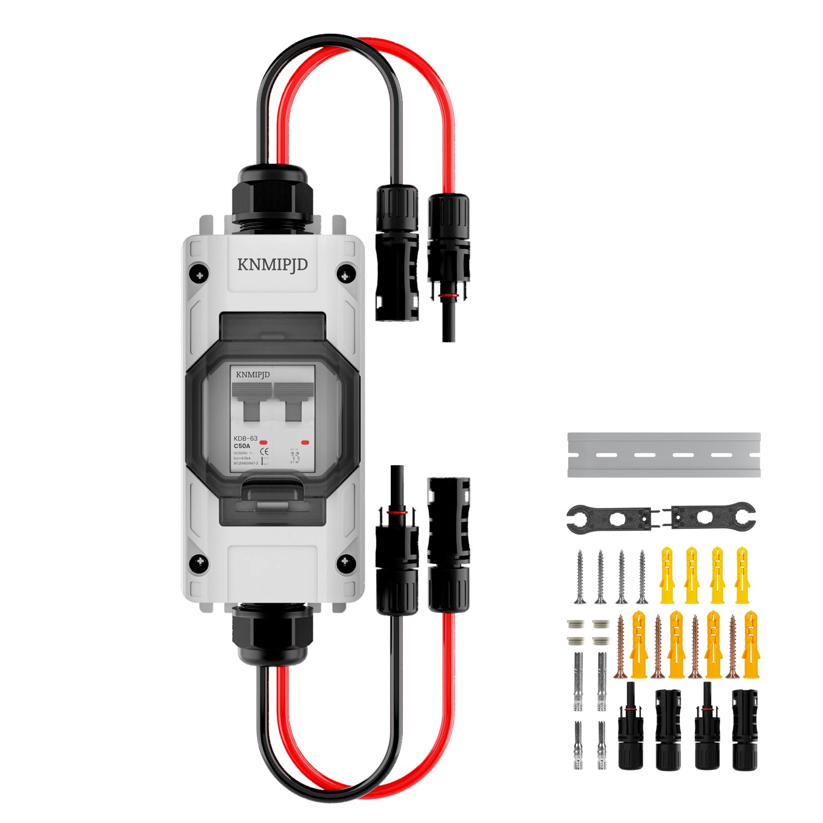 500V 50A DC Trennschalter PV Anlage, Solar PV Sicherungsautomat 2 polig mit IP65 Wasserdicht Gehäuse und pv kabel Steckermontage für Photovoltaikanlagen