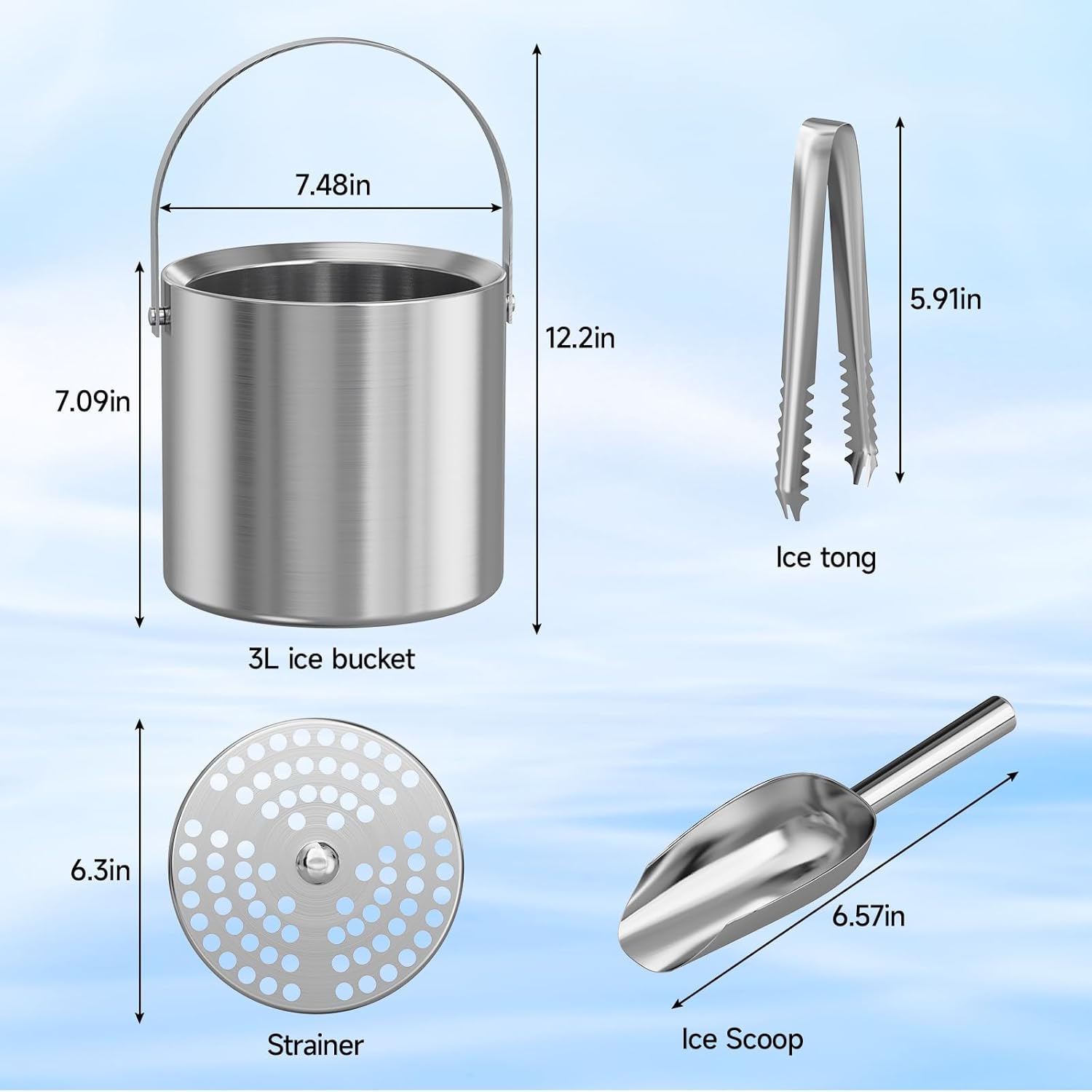 Ice Buckets for Parties 3L Insulated Ice Bucket with Lid Ice Tong Ice Scoop and Strainer for Cocktail Bar Portable Stainless Steel Double Wall Keeps Ice Cold&Dry for Home Bar Beer Champagne - Image 8