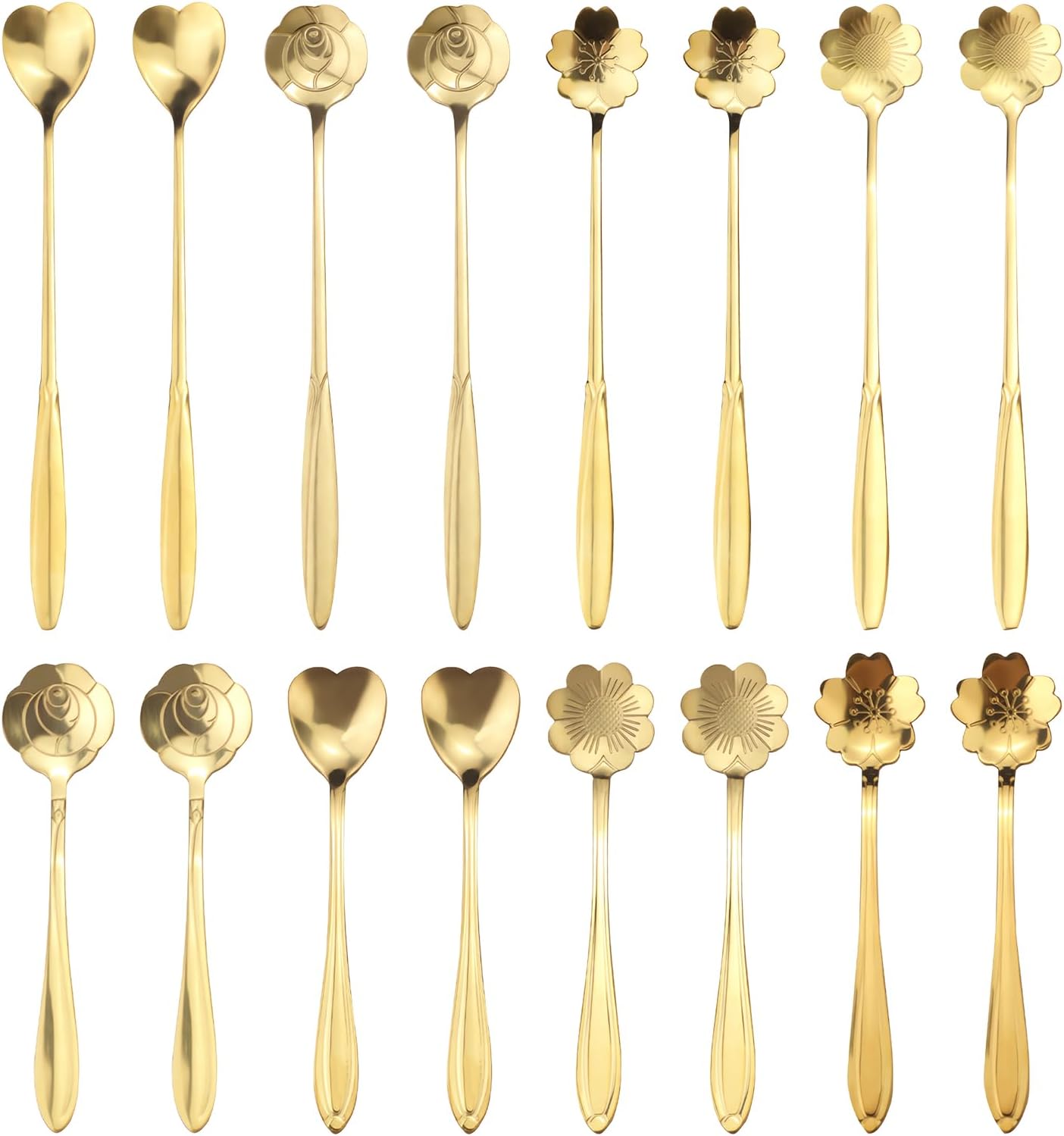 16 Pieces Stainless Steel Coffee Spoons, 4.9" & 6.8" Demitasse Espresso Dessert Spoons for Ice Cream Cakes Yogurts, Reusable Tea Stirring Teaspoons for Cafe Bar Office (Gold)