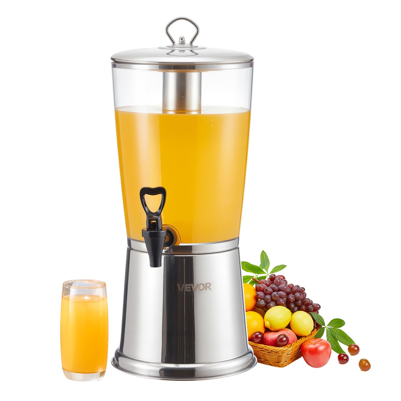 VEVOR Distributeur de Boissons Capacité 8 L, Fontaine à Eau en Acier Inoxydable et Plastique, avec Robinet et Compartiment à Glace, Distribution de Jus Limonade Thé Glacé, pour Restaurants Cafés