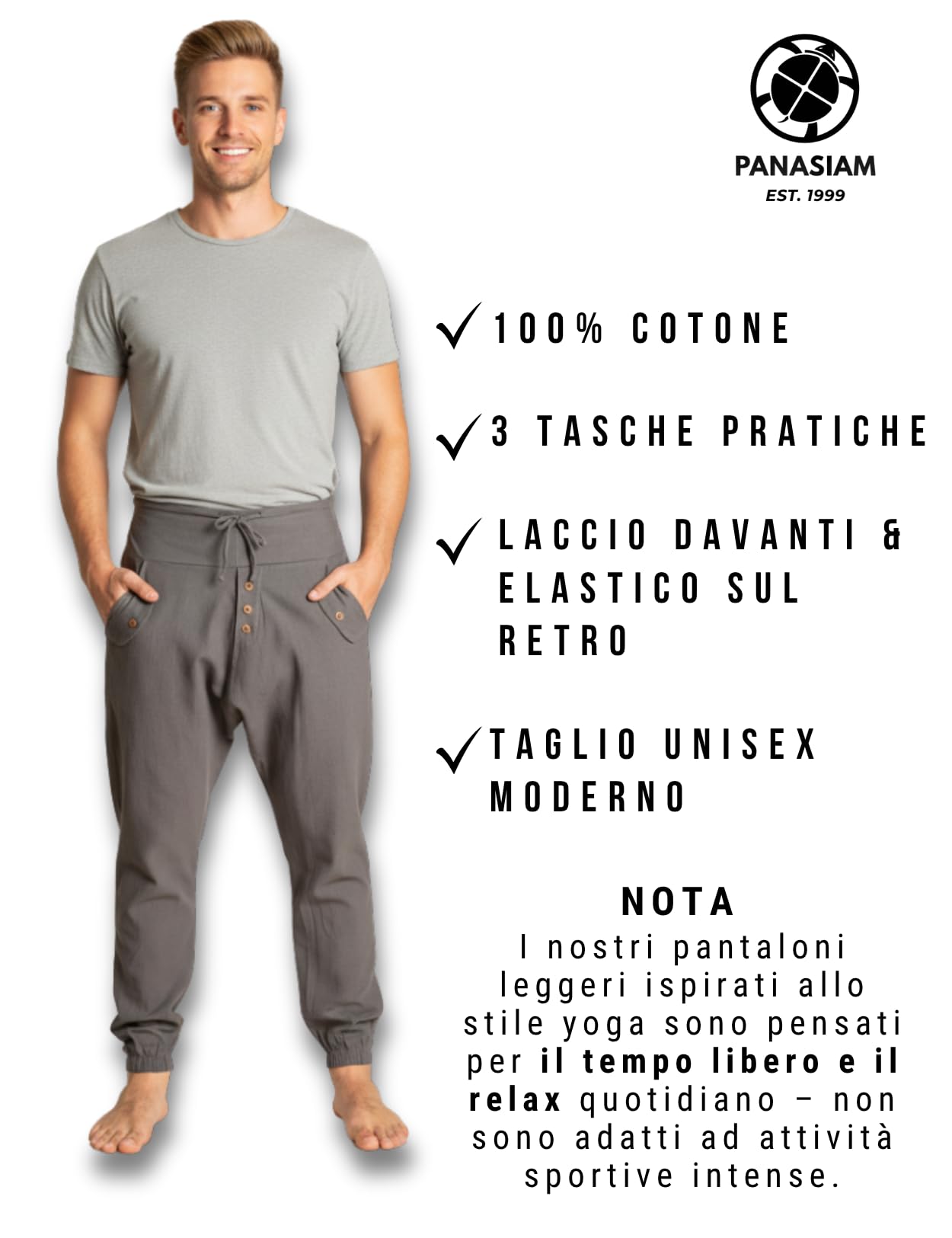 PANASIAM Yogi Pants Donna & Uomo - Pantaloni Casual Stile Aladino | Pantaloni estivi 100 % cotone, vestibilità ottimale con coulisse & vita elasticizzata, pantaloni Aladino unisex taglio ampio