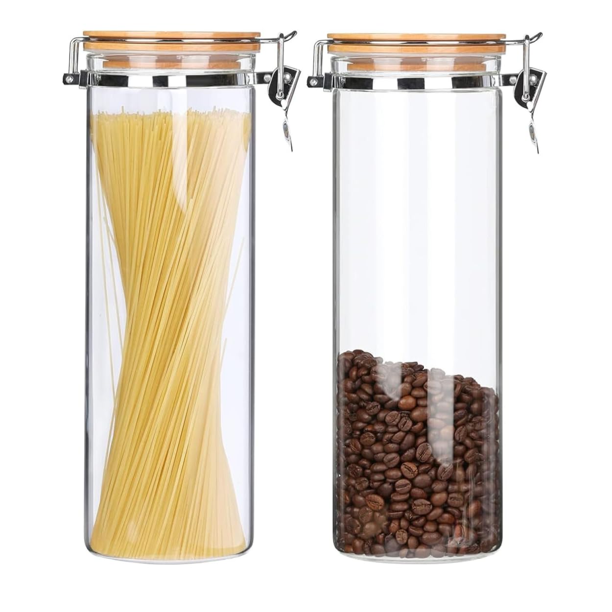 1CHASEBorosilicate Glass Storage Jar With Clip and Airtight Bamboo Lid 1400 ML(Set of 2), Storage Jar to Store Tea, Coffee Beans, Candy, Spices, Biscuits (1400 ML)