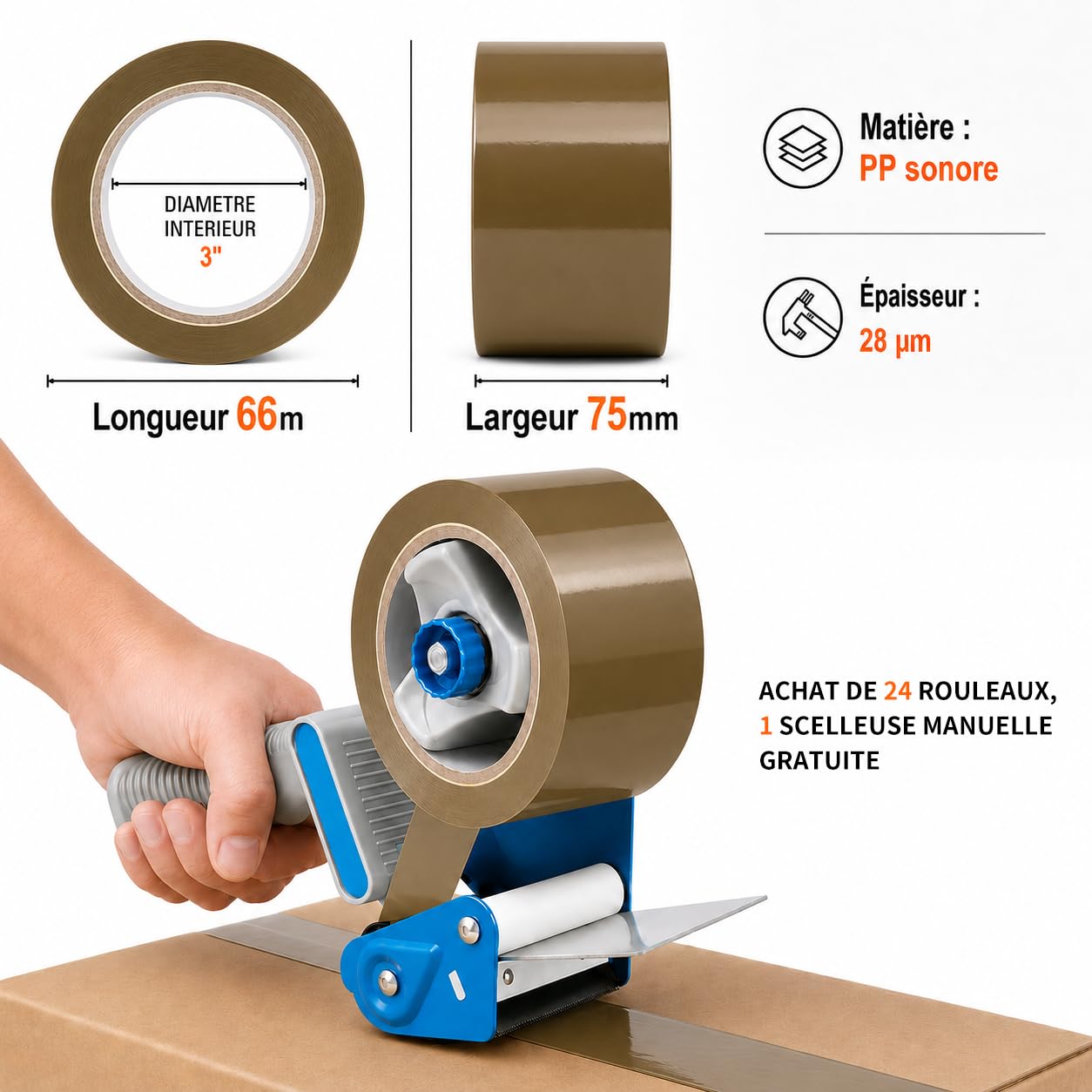 Set mit 24 braunen Klebebändern, 75 mm x 66 m, 28 Micron, breites Verpackungsband für große Kartons, Versand und Lagerung, Metallabroller inklusive