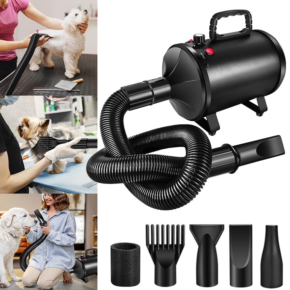 Profi Hundefön Hundetrockner, 3500W Pet Dryer für Hundepflege Tierfön, Tierhaartrockner Sehr Leise mit 4 Düsen, Einstellbarer Windgeschwindigkeit und 2 Temperaturen