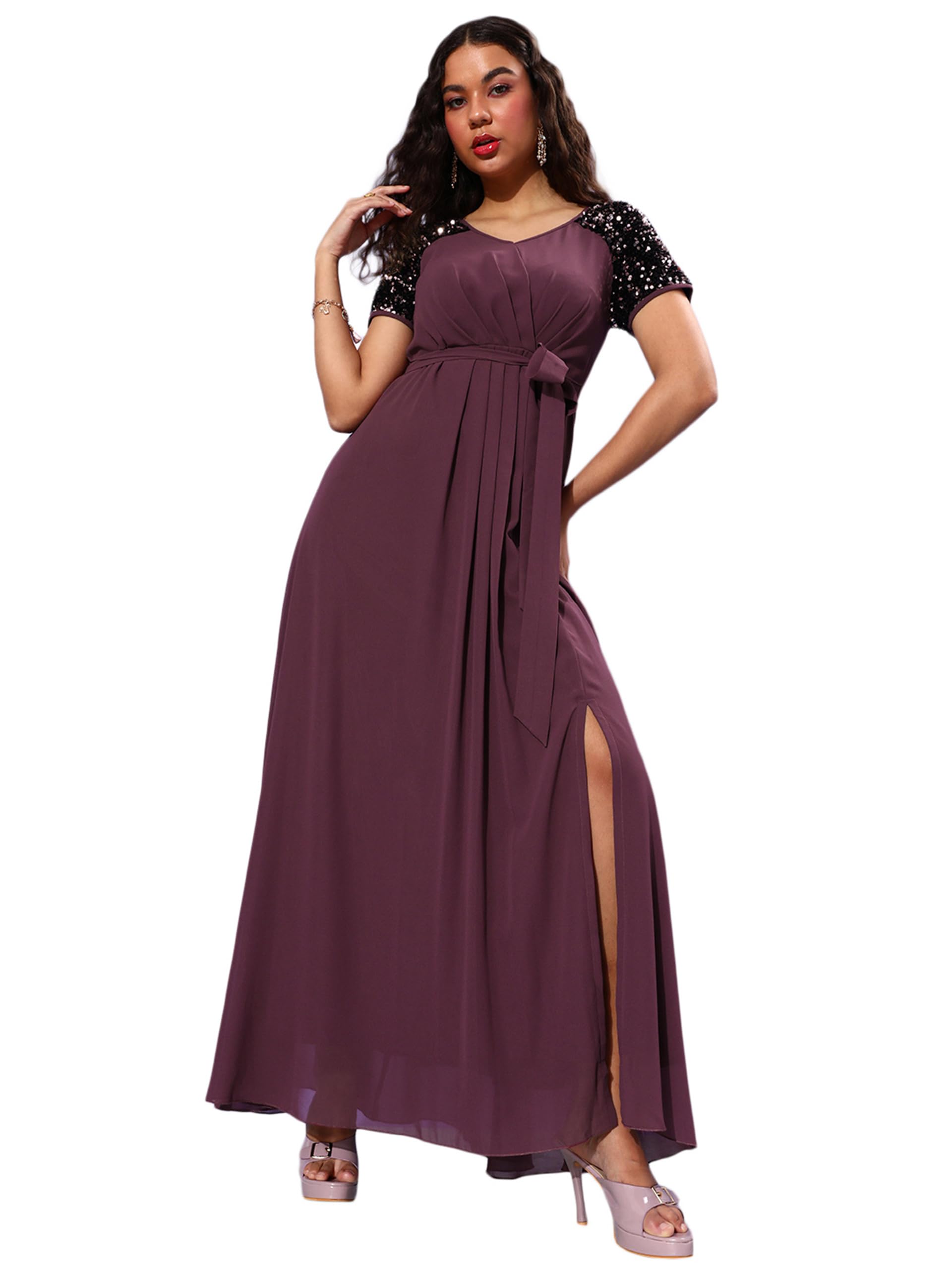 Miss Chase Women's Relaxed Fit V-Neck Half Sleeve Maxi Georgette Dress (Mcaw22D99-80-271-03, Mauve, S)