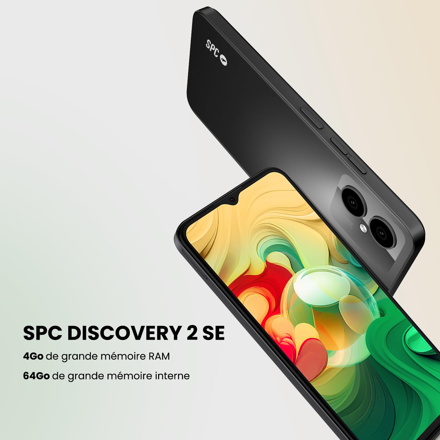 SPC Discovery 2 SE - Smartphone 4+64GB, écran 6.5" HD+, NFC, déverrouillage Facial/Empreintes digitales, 4G, Double caméra 13+2MP, Batterie 4500 mAh/Charge inversée, Android 13 - Couleur Dark Matter