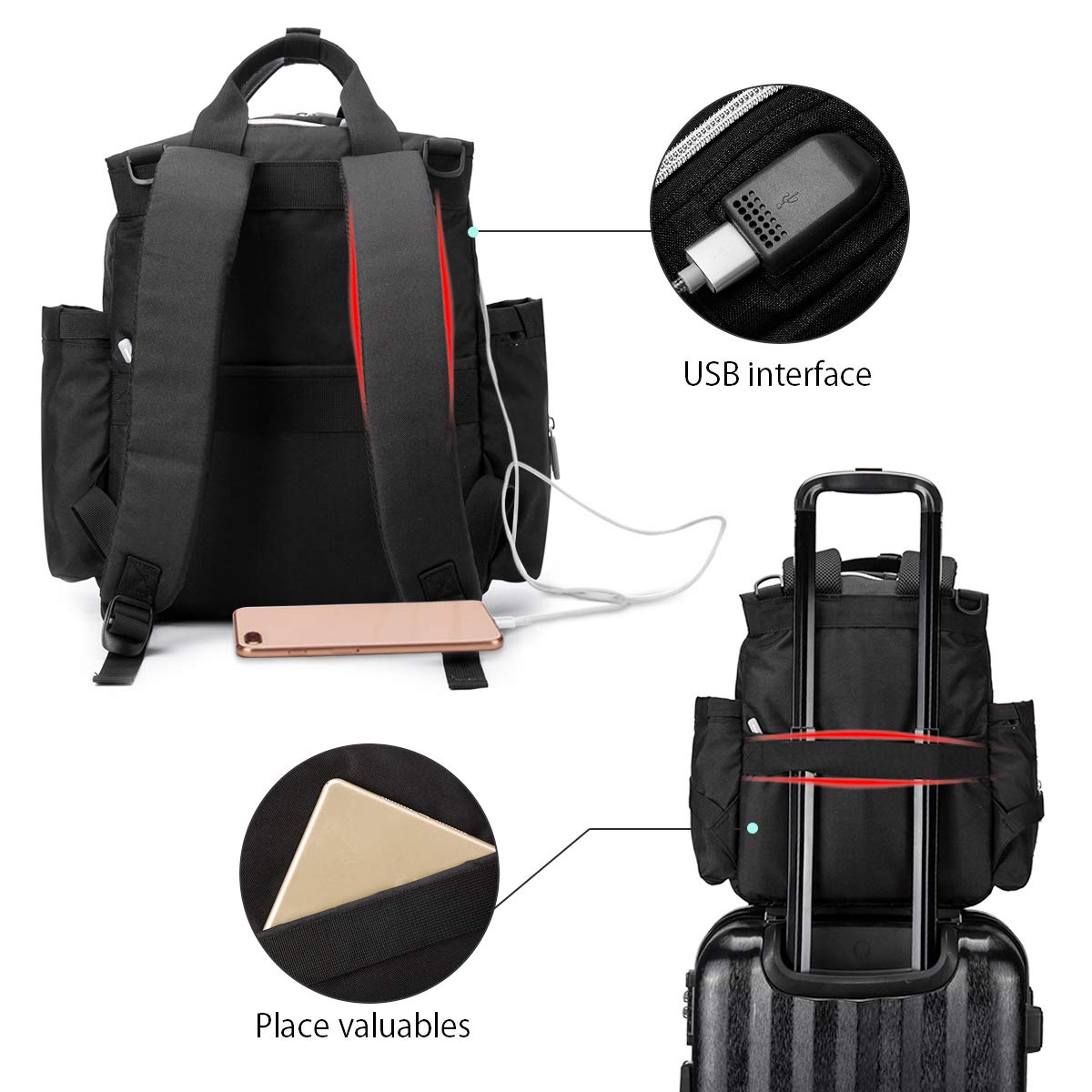 SONARIN Elegante impermeabile Zaino Fasciatoio Bambino per Pannolini,con fasciatoio,Cinturino per passeggino,Organizer per Zaino da Viaggio,Interfaccia USB,Grande Capacità(Nero)