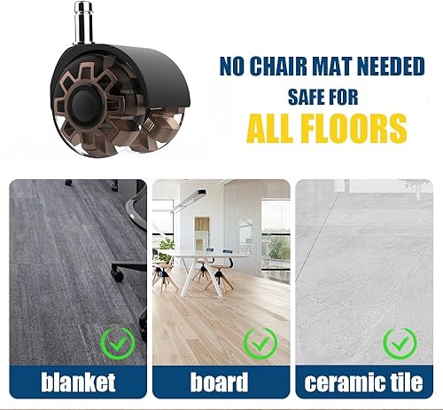 Miniatura 6 de Office Chair Caster Wheels, Set of 5, Heavy Duty Chair Wheels for Hardwood, Carpet -Quiet & Smooth Gliding 2 Inch Office Chair Rubber Caster