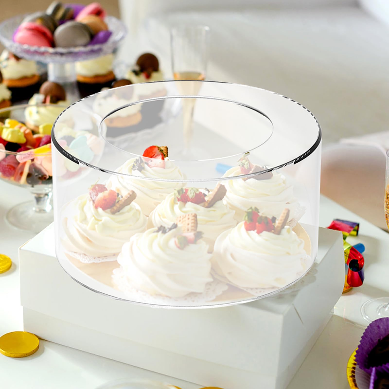 TaNeHaKi Supporto per torte in acrilico, 2 pezzi, rotondo, riempibile per torte, in acrilico, trasparente, riempibile con catena di luci a LED, matrimonio, compleanno, festa