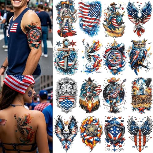 16 Sheets Independence Day Temporary Tattoos, USA Flag Patriotic Waterproof
