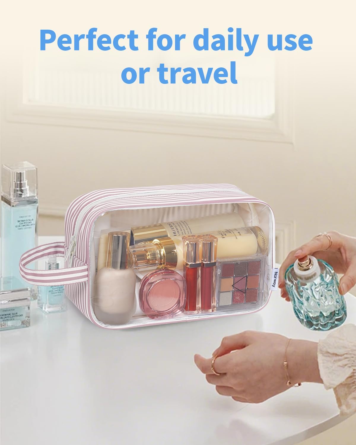 Narwey Clear Toiletry Bags for Traveling Women Men, Clear Travel Bags for Toiletries Makeup Bag Cosmetic Bag with Zipper, Make Up Organizer, Skincare Bag (Dusty Pink Stripe) - Image 7