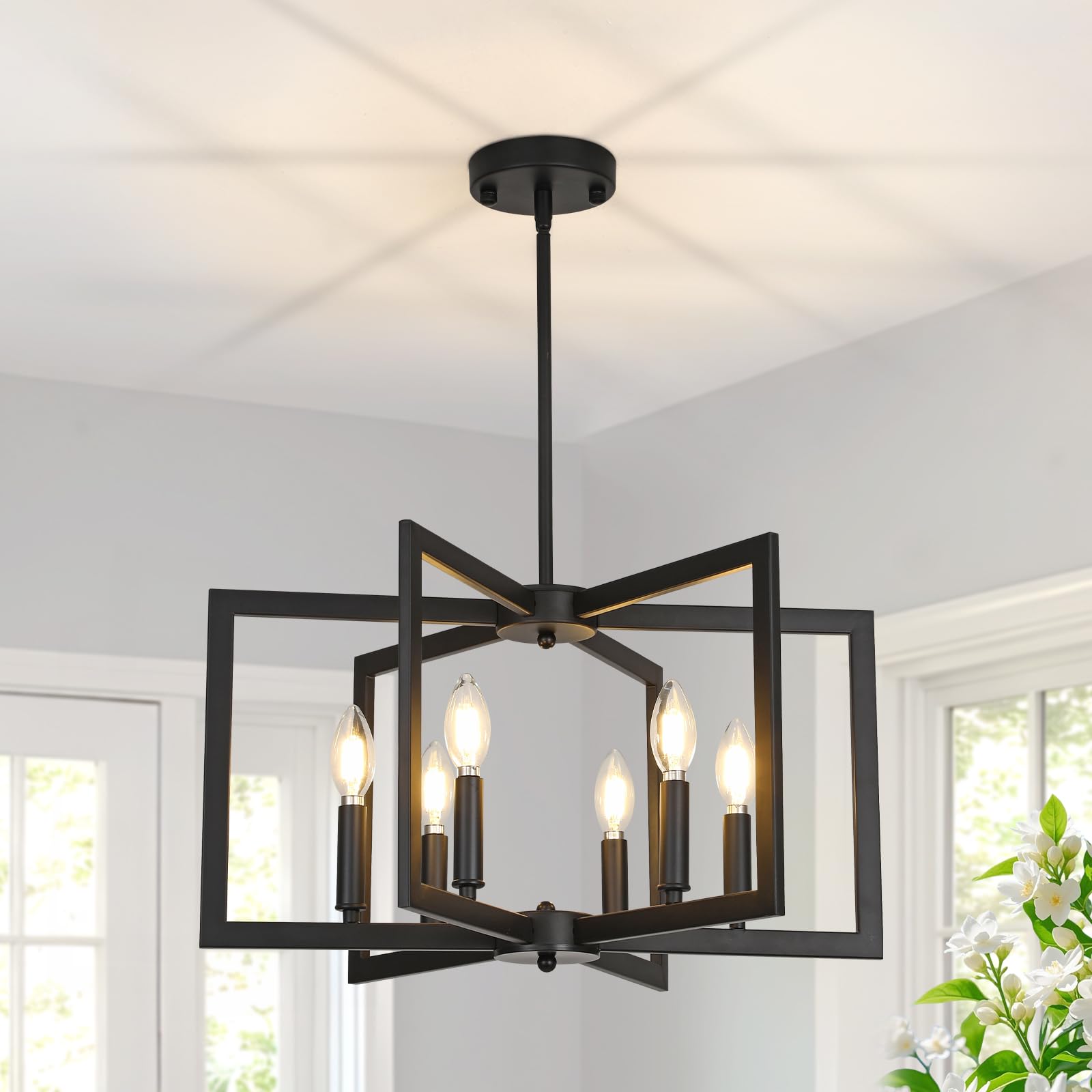 6-Light Black Chandeliers for Dining Room,Modern Farmhouse Chandelier, Pendant Lights Kitchen Island,Geometric Industrial Metal Hang Lighting Fixture for Foyer Entryway Hallway Living Room