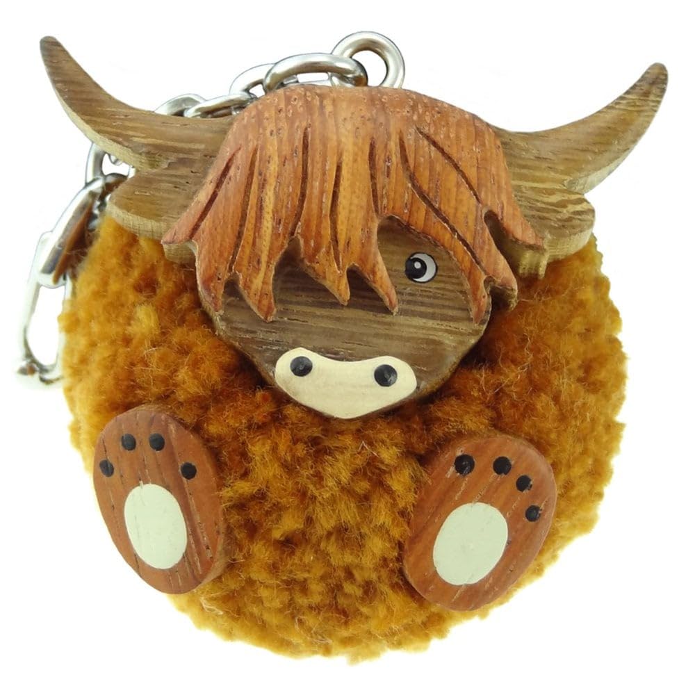 Glen Appin Brown Wooden Highland Cow Pom-Pom Keyring