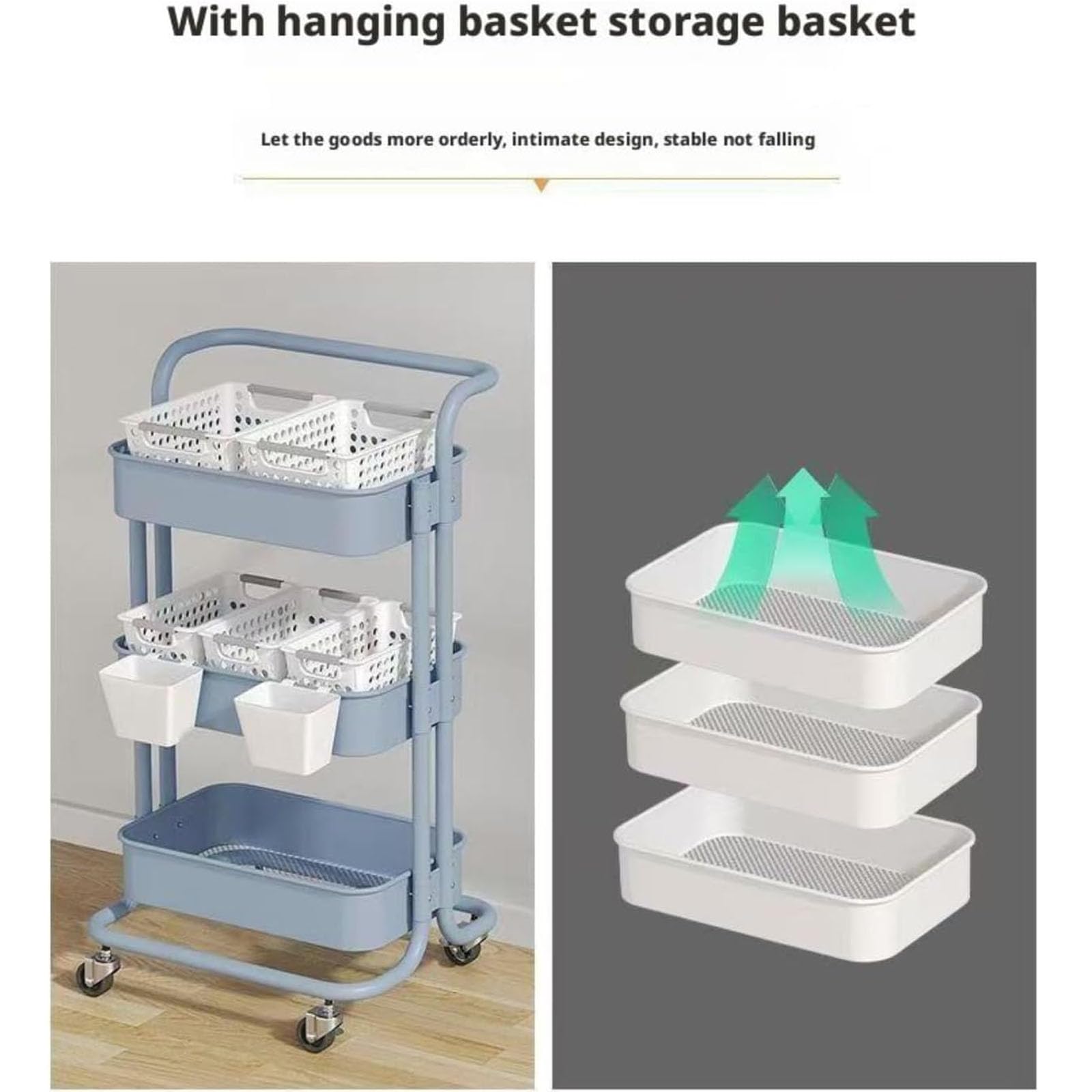 Mavoli Carrello Multiuso A 3 Ripiani con Ruote, Blu, con Ruote Bloccabili, Robusto, Ideale per Cucina, Ufficio, Casa, Bagno E Dispensa. Blue-Gray