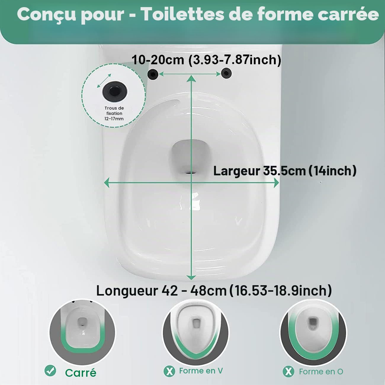 Abattant WC Rectangulaire, Cuvette Toilette avec Frein De Chute, Lunette WC Carré Noir, 350 X 450Mm, Matériau UF, Lunette WC, Démontage Rapide - Fixation par Le Haut