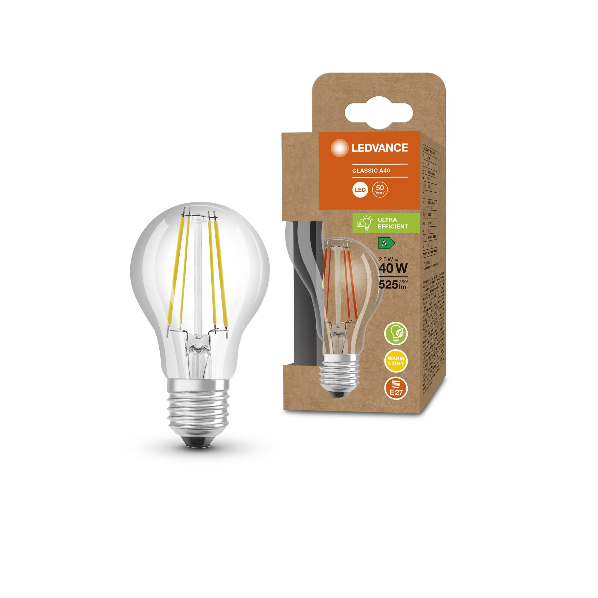 LEDVANCE LED Energy Saving lamp, Glass Filament Bulb, E27, Warm White (3000K), 2.5 watts, Replaces 40W Bulb, Highly efficient and Energy-Saving, Pack of 1 — image 1