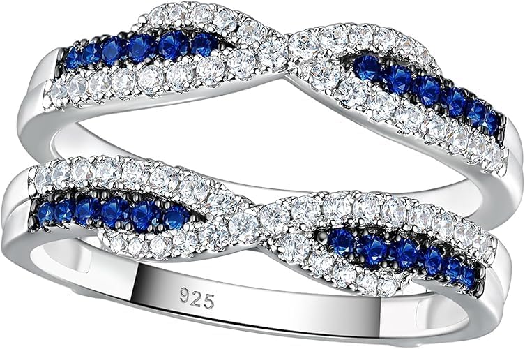 Pretty Jewels08 2Ct Round Cut Lab Created Blue Sapphire Twisted Wrap Enhancer Guard Engagement Ring, 14k White Gold Finish