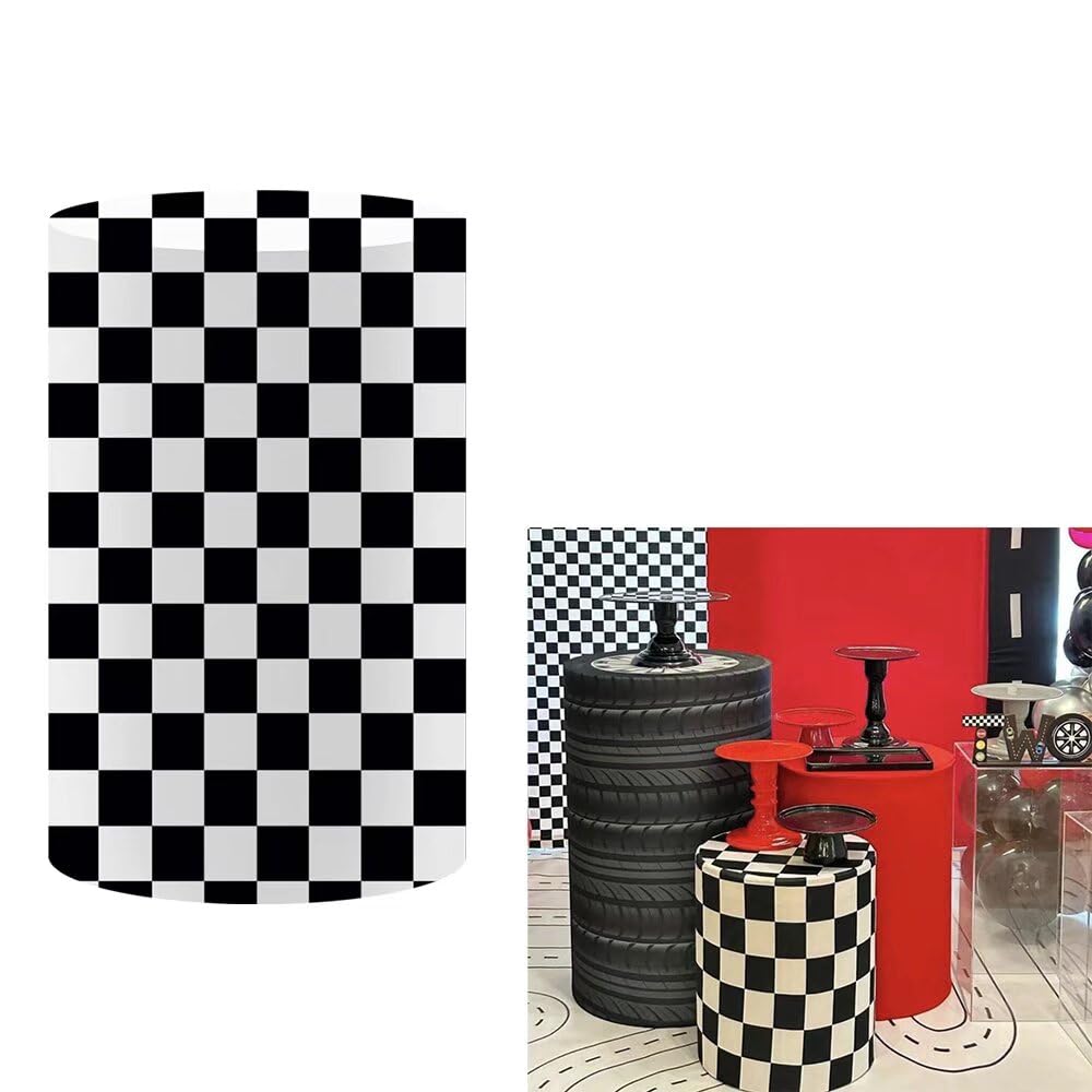 Ellteecz Kids Racing Car Birthday Party Pedestal Covers Backdrop Black White Checkboard Cylinder Stand Stretchy Fabric Cover for Baby Shower Festa