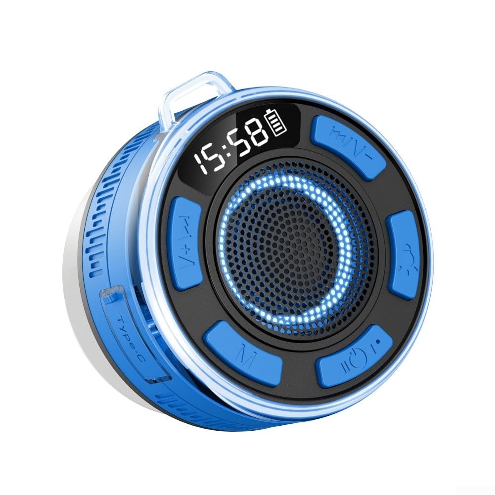 Enceinte de douche étanche IPX7 avec son équilibré à 360° RVB et radio FM et ventouse amovible pour salle de bain, piscine ou voyage, batterie noire ou rouge 1100 mAh (noir)