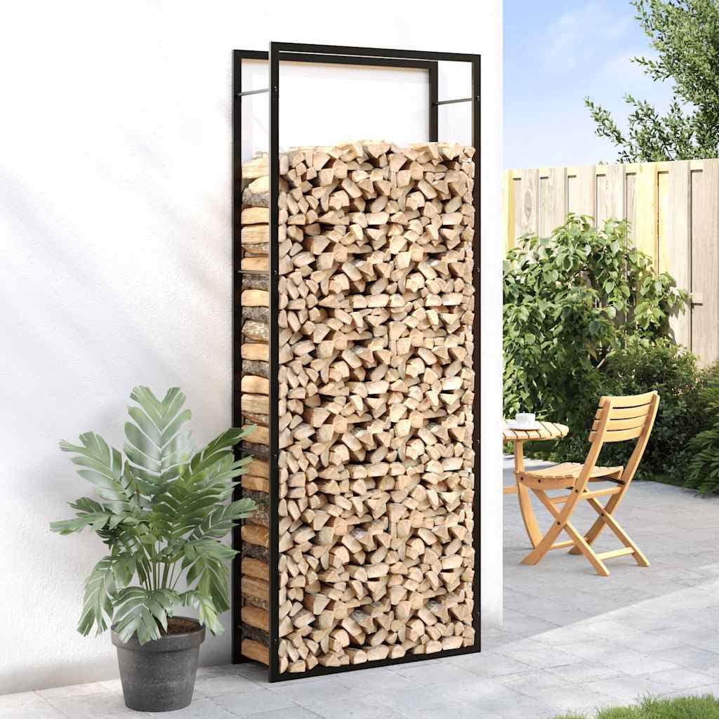 Wytrzymały stojak na drewno opałowe, matowy, czarny, stalowy uchwyt na drewno do użytku na zewnątrz i wewnątrz, 80 x 28 x 222 cm, stojak do przechowywania, odporny na warunki atmosferyczne, akcesoria