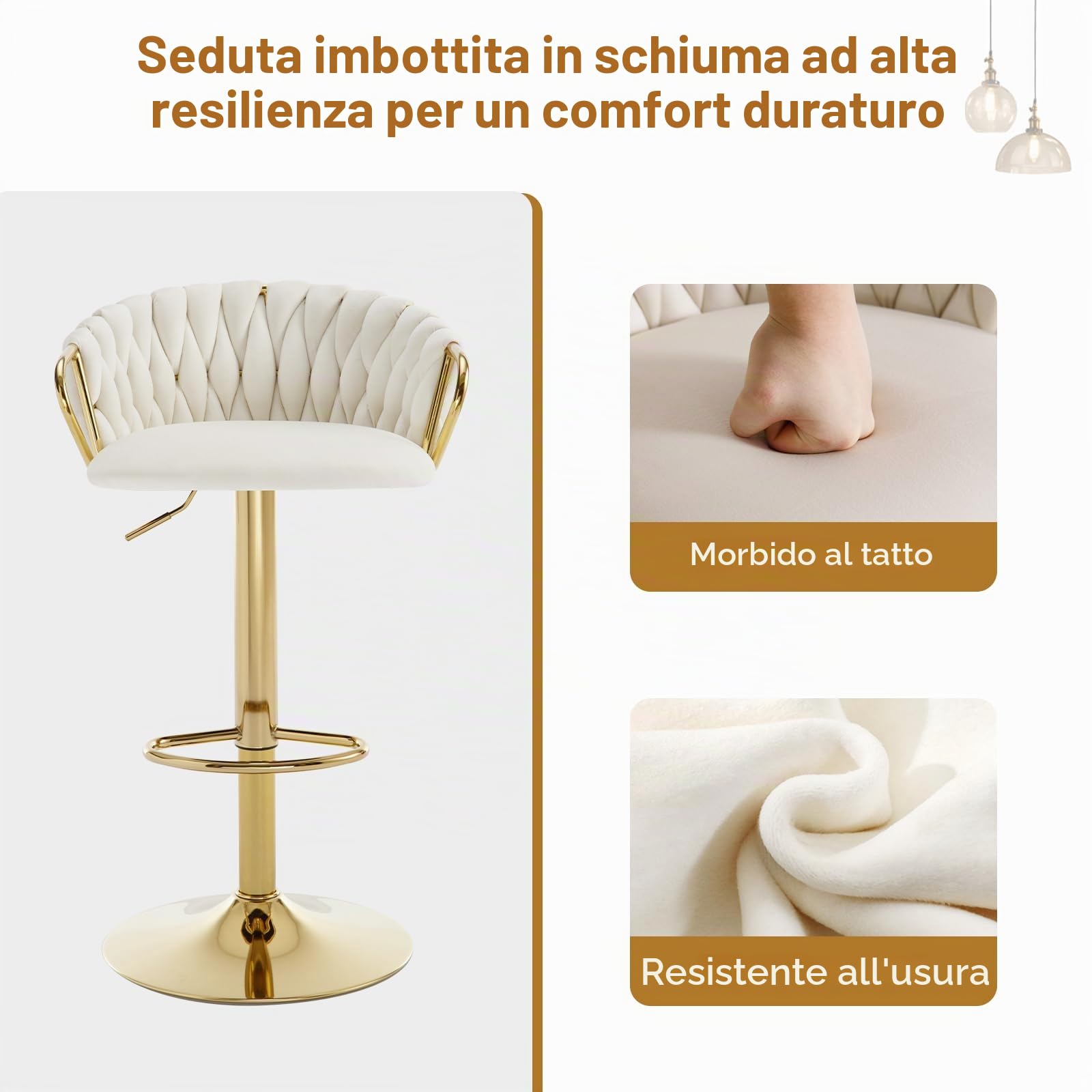 Set 2 Sgabelli da bar Velluto,Schienale intrecciato Bianco Crema
