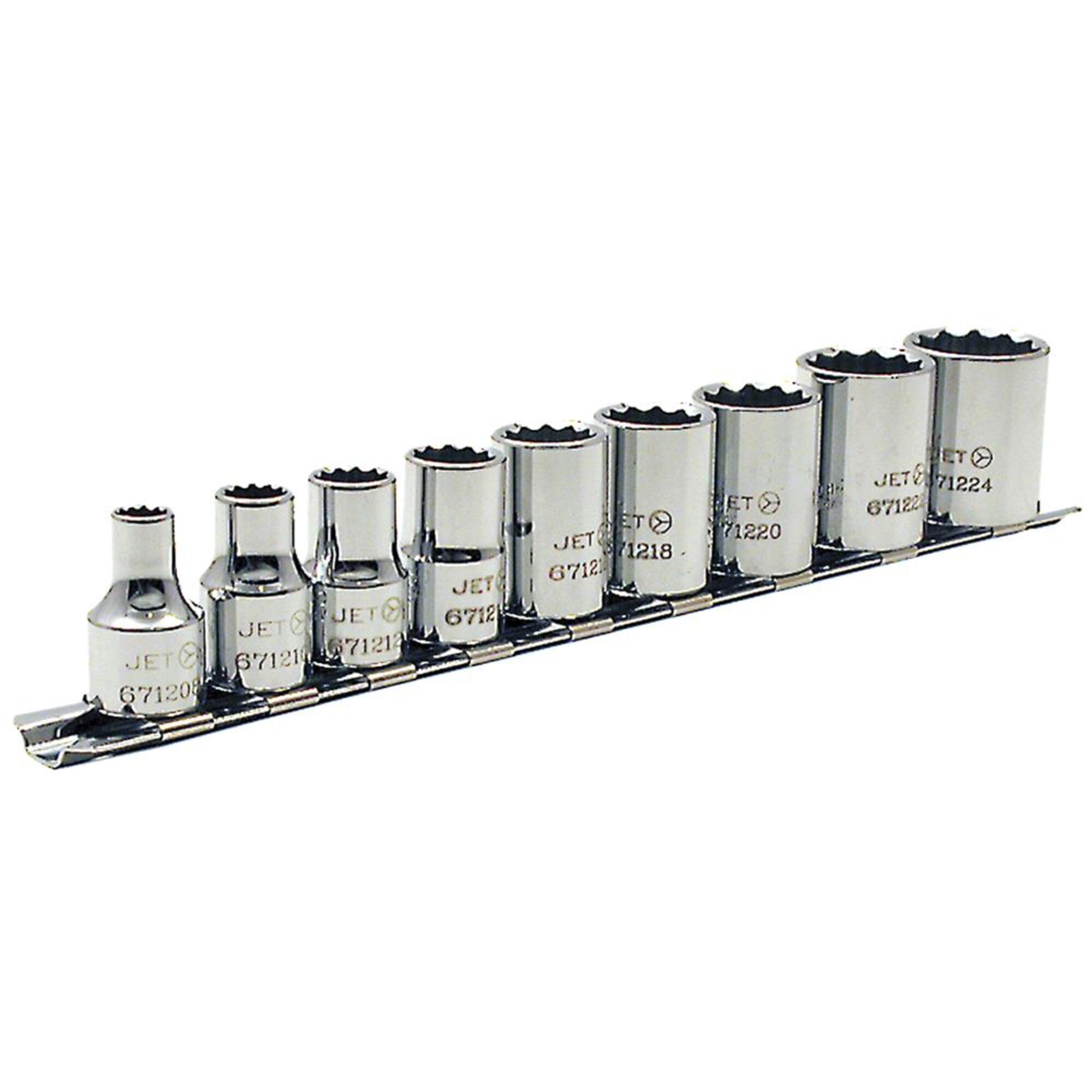 JET 14-Piece 1/2-Inch Drive Metric Socket Set – 12-Point Chrome, 10-24mm, Includes Rail (601319)