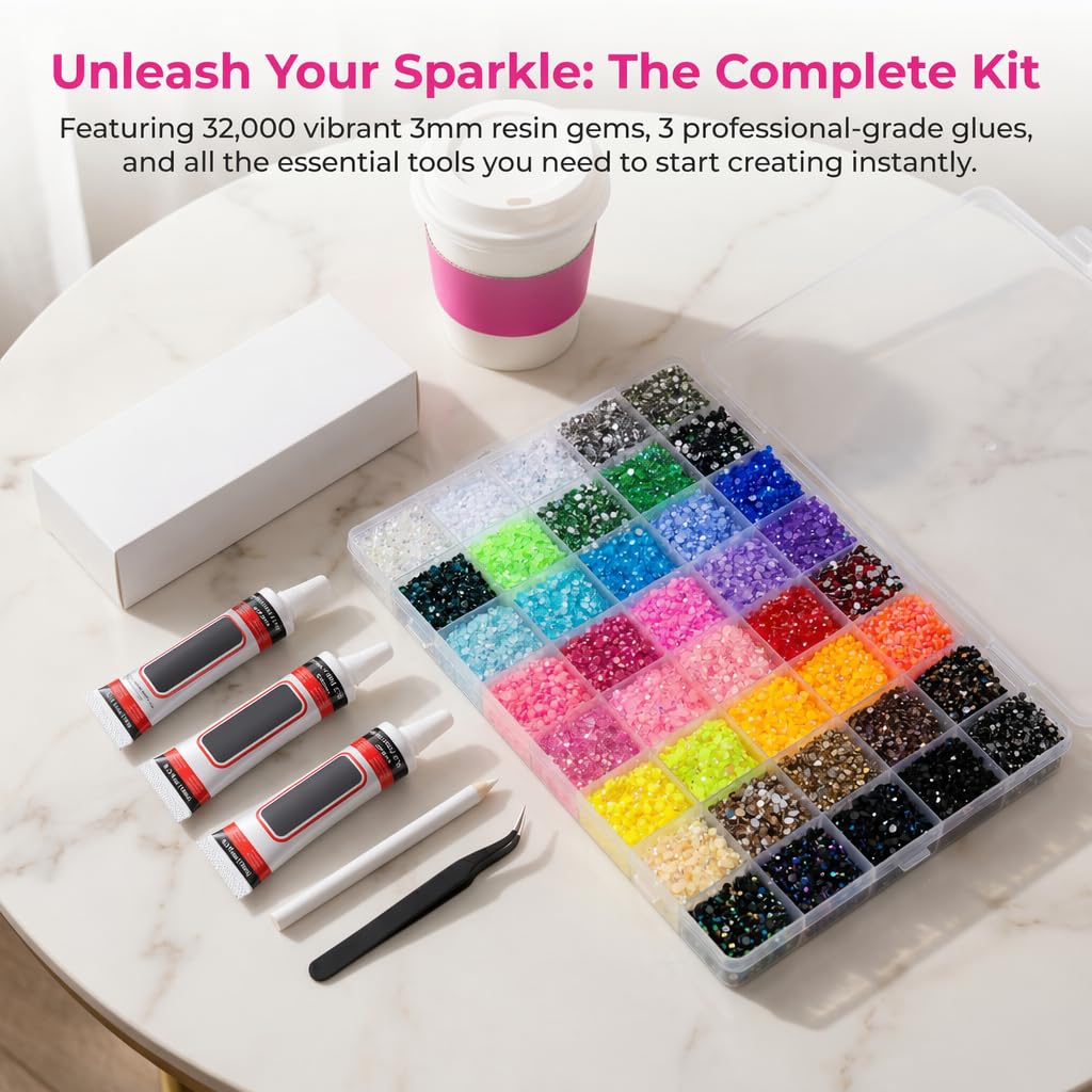 Strass Unghie da 3mm, 32000 Pezzi Brillantini Unghie, 40 Colori | Piatti Strass per Nail Art, con Penna e Pinzette, Adatti per Bricolage, Nail Art, Vestiti e Pittura Facciale