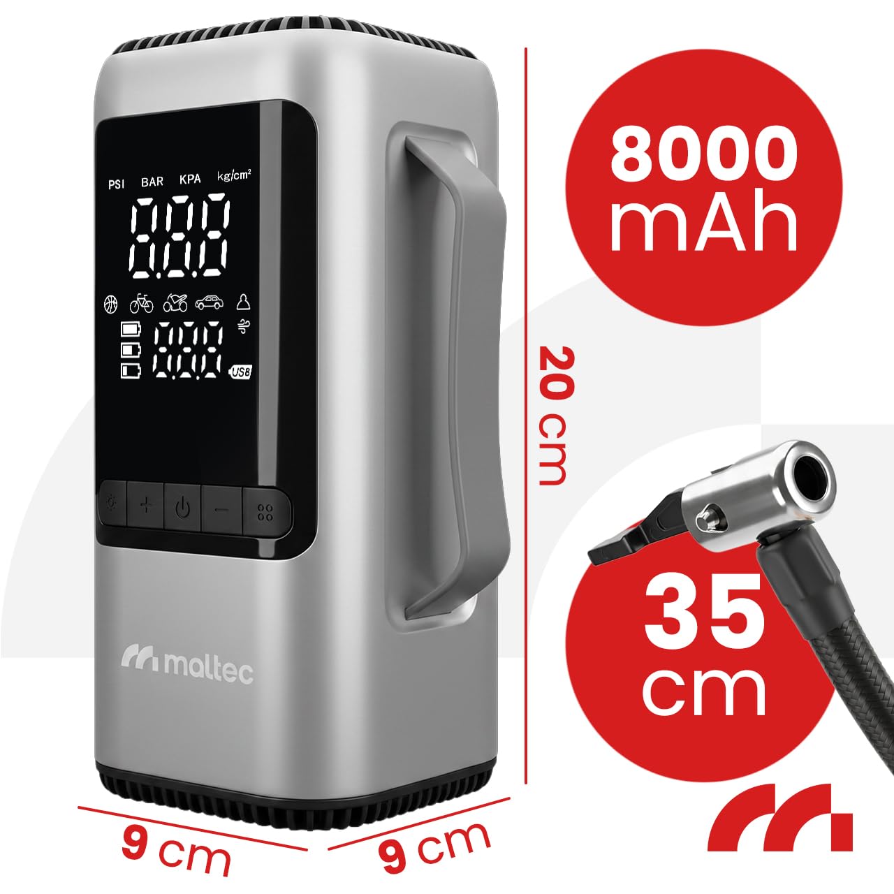MalTec Jump Starter samochodowe urządzenie rozruchowe 1000 A z kompresorem 150 PSI (10,3 bar), powerbank samochodowy akumulator 8000 mAh, światło LED, rozruchowy booster akumulatora, przenośne