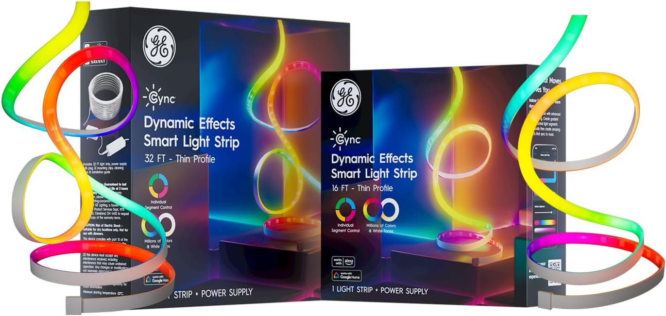 GE Cync Full Color Dynamic Effects Smart Light Strip Kit (16ft. + 32ft.) – Music Sync, Color Changing, WiFi, App & Voice Control, No Hub Required