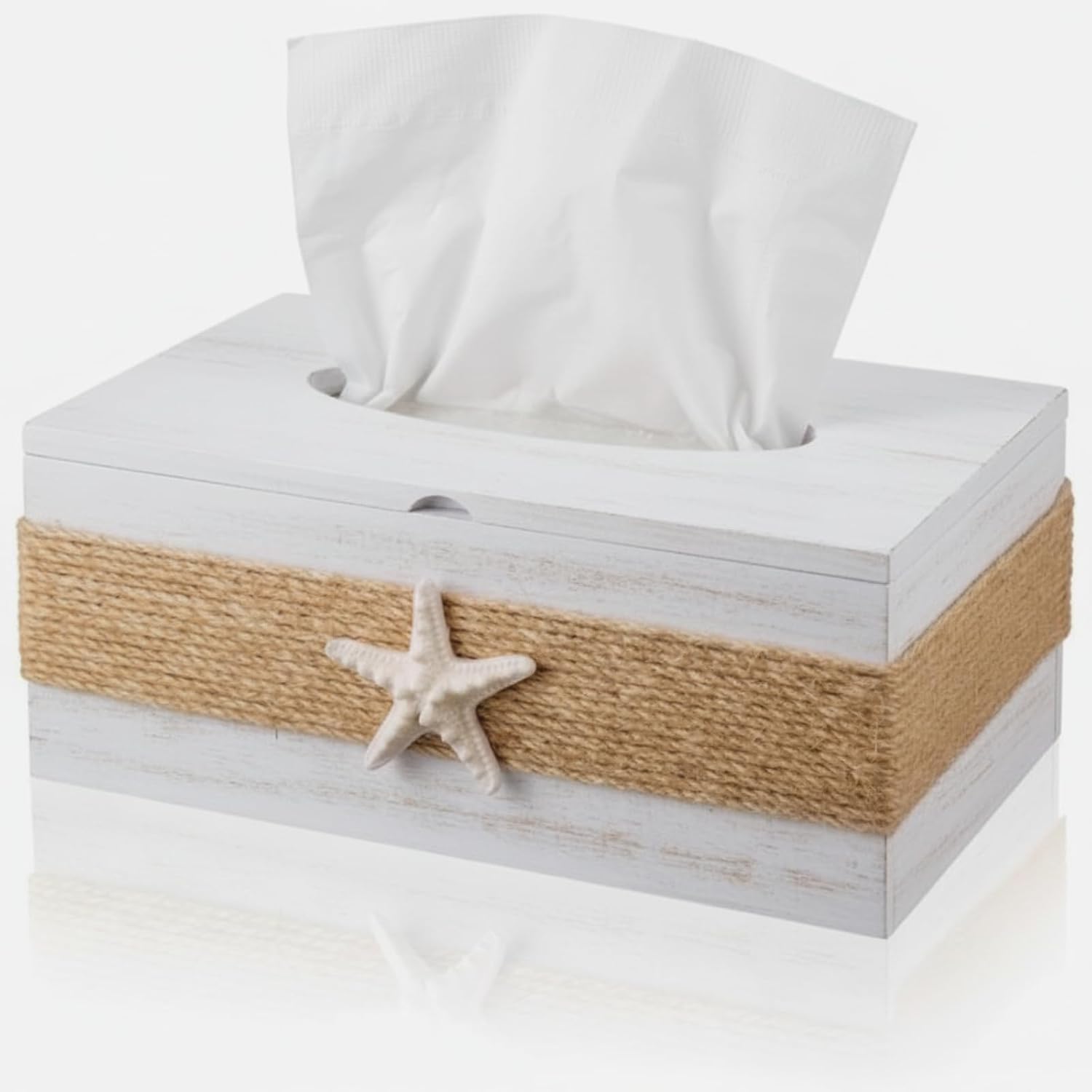Starfish Wood Tissue Box Cover, Coastal Beach Napkin Facial Tissues Holder, Starfish Decor, Farmhouse Nautical Decorative Bathroom Accessories for Kitchen Living Room(White,10.3 x 5.9 x 4.15 Inch)