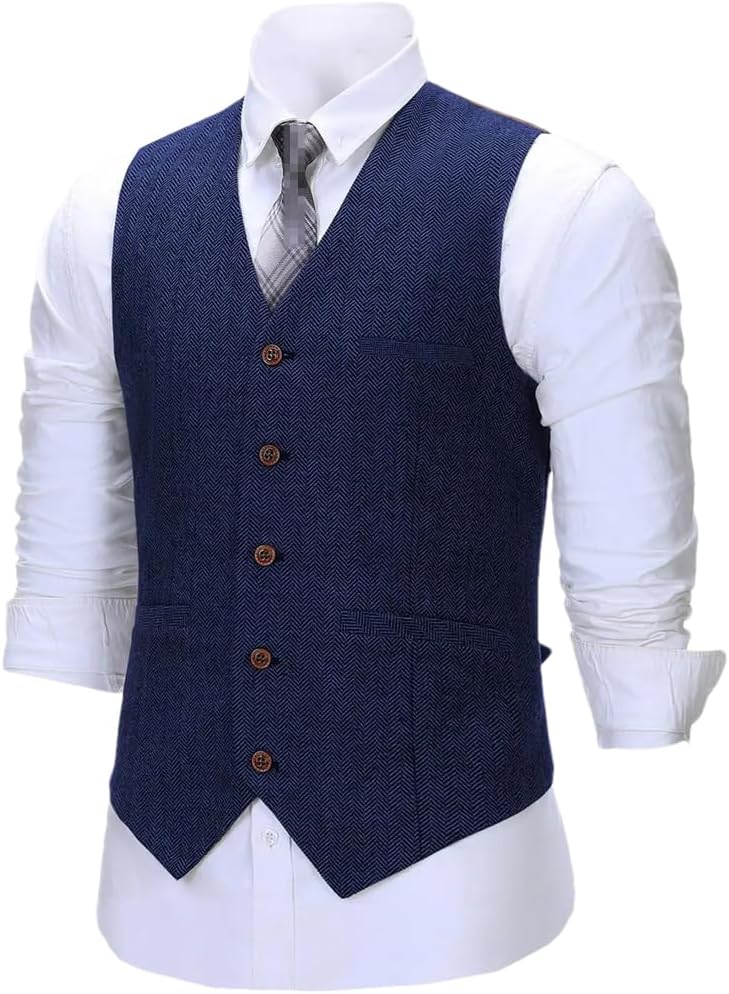 Men's Herringbone Wool Tweed Slim Fit Vest Cotton Suit Vest Gentleman Business Brown Waistcoat For Wedding Groom