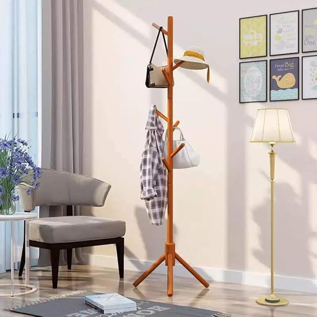 Wooden Coat Rack Stand with 8 Hooks, Hall Tree Entryway Standing Hat Hanger Coat Rack, Tray Coat Tree Hallway Clothes Rack, Entryway Coat Hanger Stand for Clothes, Suits, Scarves, Handbags, Umbrella